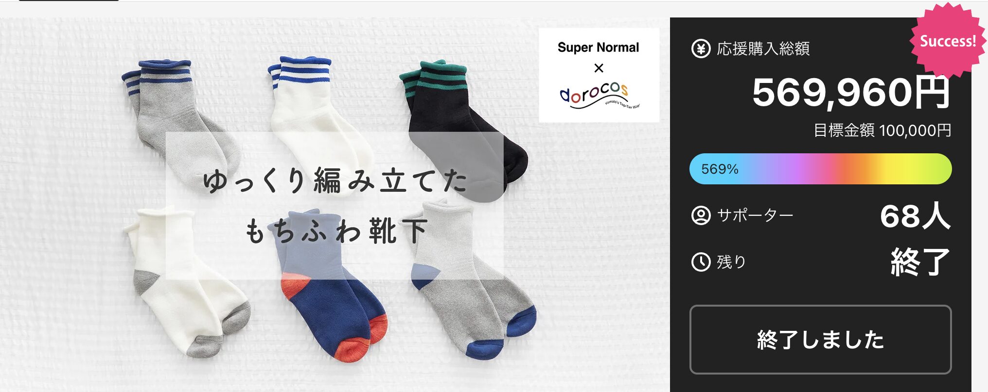 Super Normal 第二弾プロダクト「ゆっくり編み立てたもちふわ靴下」目標金額の569％を達成してクラウドファンディング終了